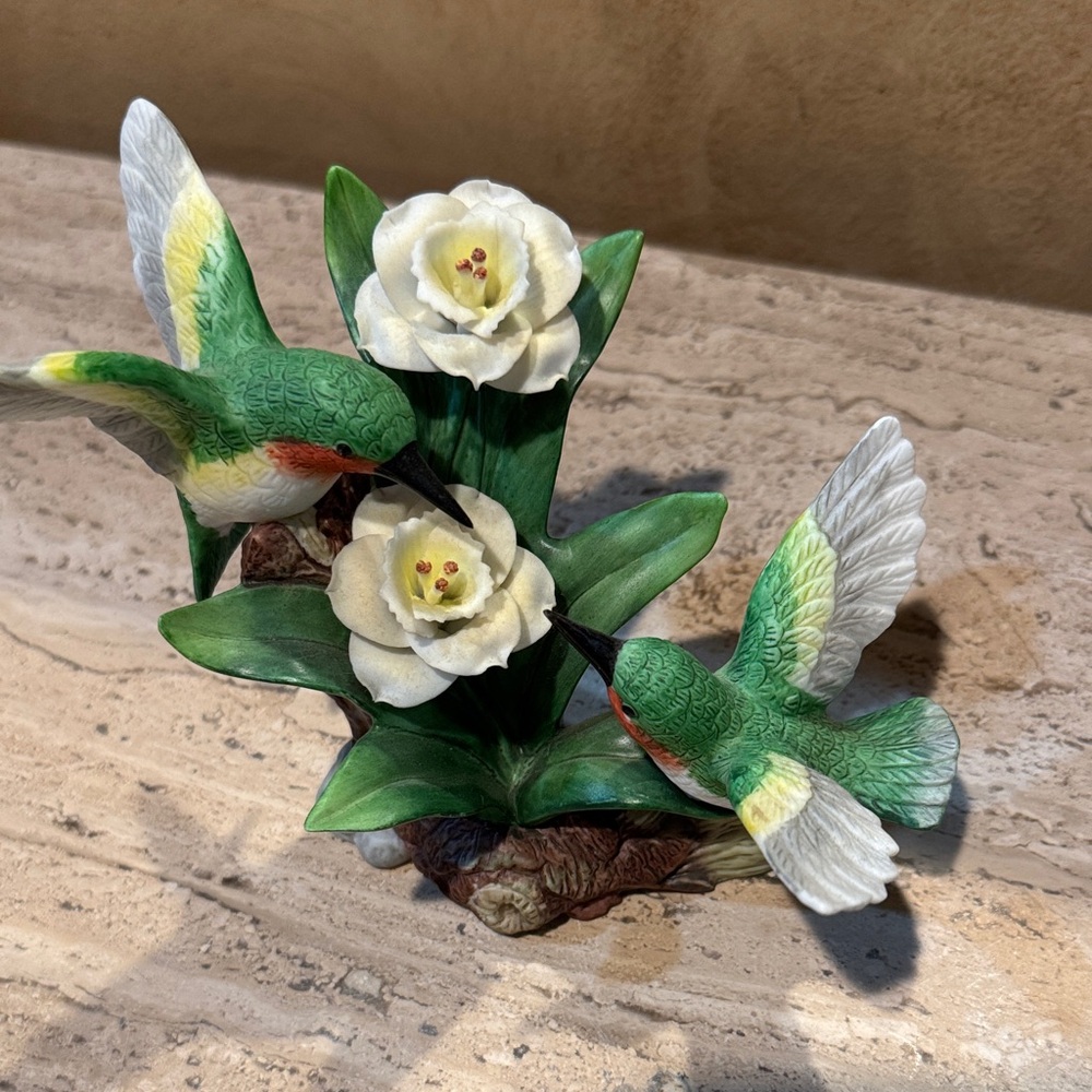 Green and White Hummingbird Flower Fine Porcelain Figurine